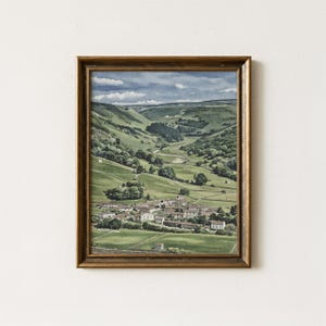 Printable Village Landscape, English Countryside Wall Art, Green Hills Painting, Digital Download, KT Watercolours, P0028