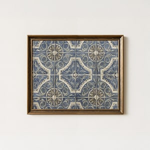Blue Tile Wall Art, Mediterranean Pattern Print, Vintage Style Watercolour, Boho Printable Decor, KT Watercolours, P0016