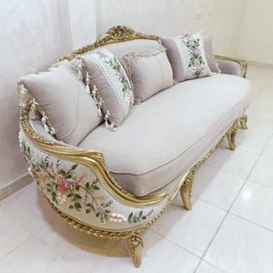 Luxury French Rococo Living Room Set | Hand-Carved Gold Sofa & Chairs with Embroidered Floral Upholstery | Antique Victorian Style Furniture