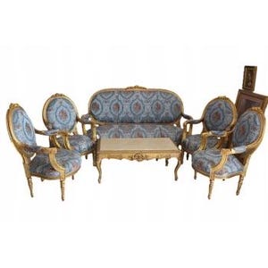 Vintage French Louis XVI Style Sofa Set | Hand-Carved Gold Gilt Wood Furniture | 5-Piece Rococo Salon Set with Blue Damask Upholstery