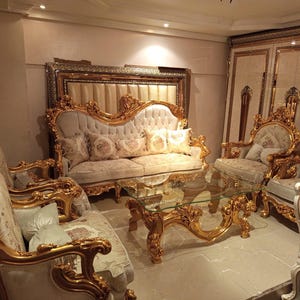 Luxurious Gold Carved & Upholstered Living Room Furniture Set