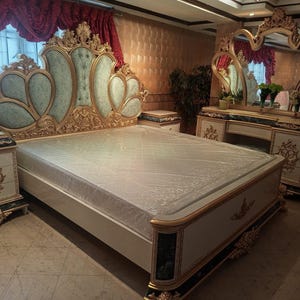 Luxurious Rococo Gold & Teal Upholstered Bedroom Set - King Size Bed, Ornate Dressing Table