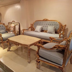 Exquisite Gold Leaf Rococo Living Room Set - French Baroque Sofa, Armchairs & Marble Top Coffee Table