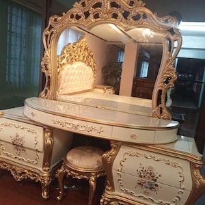 Exquisite Royal Gold & Cream French Provincial Bedroom Set - Ornate Carved Wood, Hand-Painted Florals