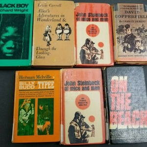 Puede incluir: Una colección de seis libros de bolsillo vintage con portadas coloridas. Los libros incluyen títulos como "Black Boy", "Alice's Adventures in Wonderland", "Of Mice and Men", "David Copperfield", "Billy Budd" y "On the Beach".