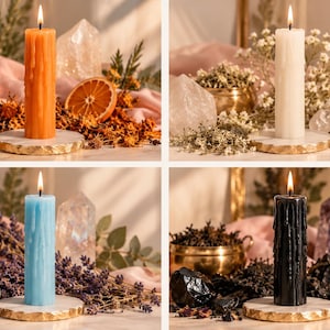 May include: A collage of four lit pillar candles in orange, white, light blue, and black, each resting on a white and gold circular coaster. The candles are surrounded by dried botanicals, crystals, and small brass bowls on a flat surface.