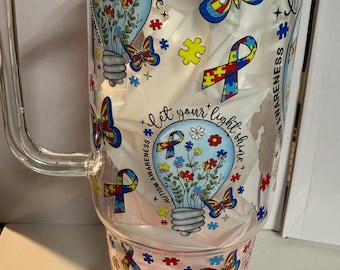 40 oz Autism Tumbler Let Your Light Shine, Puzzle Piece Glass Cup with Straw and Lid, Autism Awareness Gift, Neurodiversity Cup