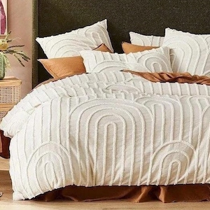 Tufted Cotton Duvet Cover Set: White Ivory Quilt Comforter with Pillowcases