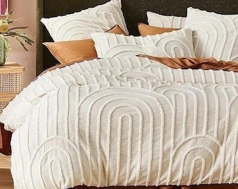 Tufted Cotton Duvet Cover Set: White Ivory Quilt Comforter with Pillowcases