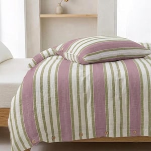 May include: A duvet cover and matching pillowcase set featuring a vertical striped pattern in muted mauve, sage green, and white. The bedding is detailed with a row of small, round, light-colored buttons along the edge of the duvet cover.