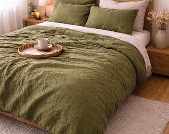 Moss Green Linen Duvet Cover Set | Washed Linen Bedding
