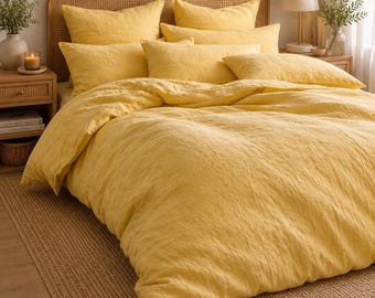 Mustard Yellow European Flax Linen Duvet Cover Set, Boho Bedding, Softened Quilt Cover
