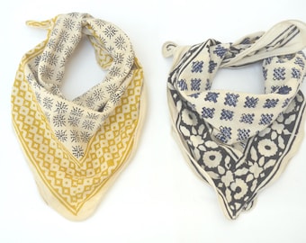 Hand Block Printed Organic Cotton Bandanas - Brown & Blue Floral Paisley (Set of 2)
