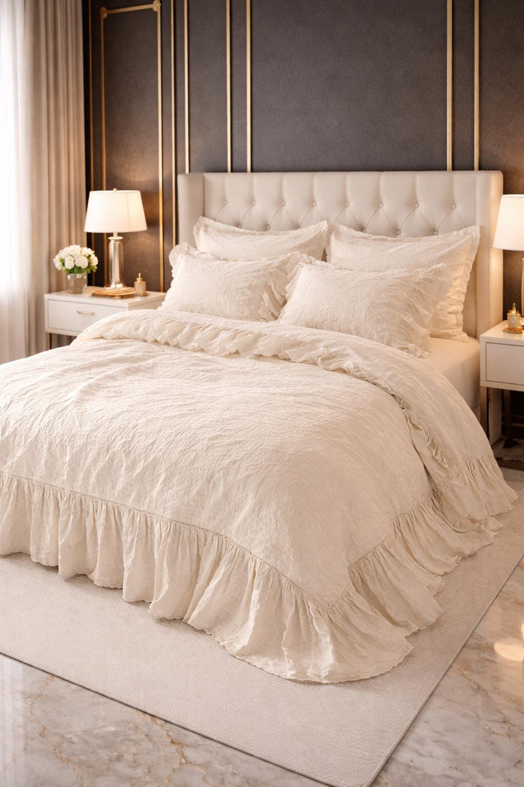 Cream Ruffle Linen Bedding Set, Shabby Chic Farmhouse Comforter - Etsy