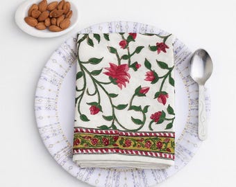 100% Cotton Napkins: Hand Block Printed Floral, Reusable, Set of 100