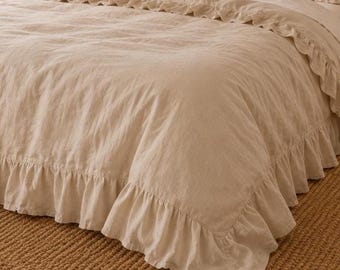 Off-White Linen Duvet Cover Set, Ruffled Farmhouse Bedding, Breathable Flax Quilt Cover