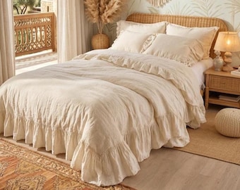 Dekbedovertrekset shabby chic linnen met ruches – French Farmhouse Beddengoed