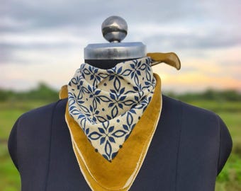 Indigo Blue Cotton Bandana: Hand Block Printed Scarf, Unisex Kerchief