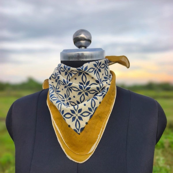 Indigo Blue Cotton Bandana: Hand Block Printed Scarf, Unisex Kerchief