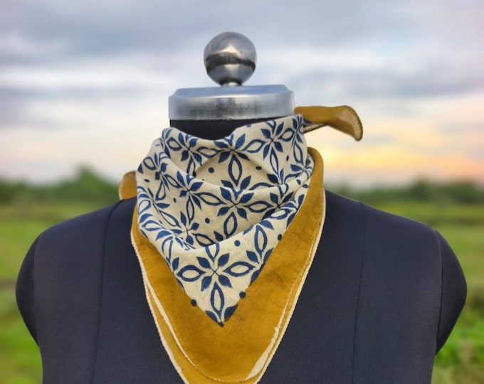 Indigo Blue Cotton Bandana: Hand Block Printed Scarf, Unisex Kerchief