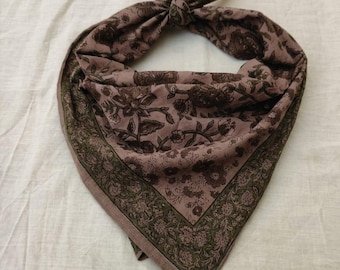 Floral Block Print Cotton Bandana, Mauve Olive Neckerchief, Boho Hair Scarf