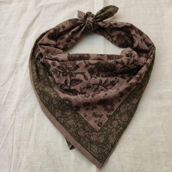 Floral Block Print Cotton Bandana, Mauve Olive Neckerchief, Boho Hair Scarf