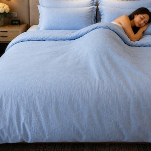 Light Blue Linen Duvet Cover Set, Soft Cotton Bedding