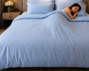 Light Blue Linen Duvet Cover Set, Soft Cotton Bedding