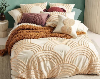 Tufted Cotton Duvet Cover Set: White Ivory Quilt Comforter with Pillowcases