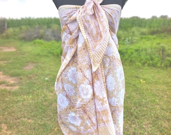 Hand Block Print Cotton Sarong: Boho Beach Cover Up, Pareo Wrap