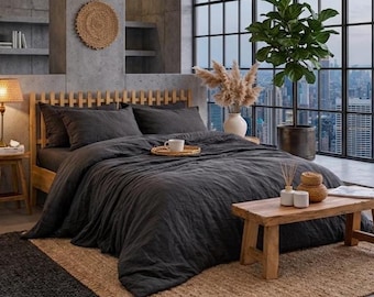 Charcoal Grey European Linen Duvet Cover Set, Washed Soft Breathable Bedding
