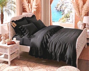 Gothic Boho Black Ruffled Linen Bedding Set with Matching Frilled Pillowcases
