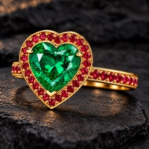 Herzförmiger Smaragd-Rubin-Halo-Ring, Cocktailring aus 18-karätigem vergoldetem Sterlingsilber