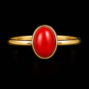 Natural Red Coral Ring, Bezel Set Oval Stone, Minimalist Silver Jewelry, Artisan Handmade Ring, Stacking Gemstone Ring Birthday Gift for Her