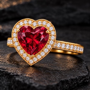 Op de afbeelding: Een gouden ring met een grote hartvormige rode edelsteen in het midden, omringd door een halo van kleine ronde witte diamanten. De ringband is aan de zijkanten ook bezet met een rij kleine ronde witte diamanten voor een schitterend effect.