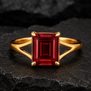 Op de afbeelding: Een gouden ring met een grote, rechthoekige, smaragdgeslepen rode edelsteen in een zetting met vier pootjes. De ringband heeft een gespleten ontwerp dat taps toeloopt naar de centrale steen, wat zorgt voor een strakke en gepolijste uitstraling.