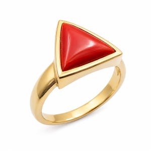 Natural Red Coral Triangle Ring, 18k Gold Vermeil, Modern Geometric Statement Jewelry