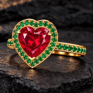 Herzförmiger Rubin-Smaragd-Halo-Ring, 18 Karat vergoldetes Sterlingsilber, romantischer Cocktail-Schmuck