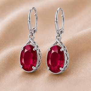 Oval Ruby Dangle Earrings, Sterling Silver Filigree, Art Deco Style