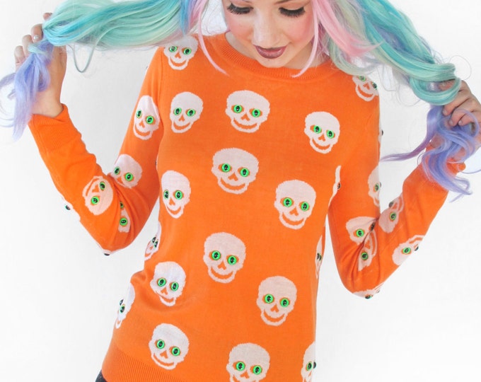 Orange Skull Sweater With Neon Green Eyes Etsy