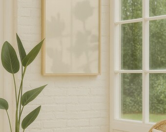 May include: A framed artwork with a light beige background hangs on a white brick wall. The frame is a light wood color. A large green plant in a woven basket sits to the left. A small woven stool and wicker chair are in the corner.
