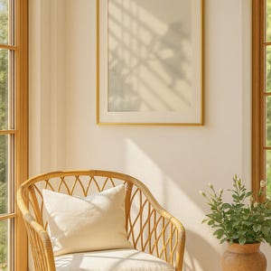 Op de afbeelding: Een zonnig interieur met een goudomrand schilderij aan een crèmekleurige muur. Een geweven rotan stoel met een crèmekleurig kussen en kussen staat eronder. Een kleine bijzettafel heeft een vaas met groen, wat een gezellige sfeer creëert.
