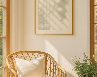 May include: A sunlit interior scene featuring a gold-framed picture on a cream-colored wall. A woven rattan chair with a cream cushion and pillow sits below. A small side table holds a vase of greenery, creating a cozy, inviting atmosphere.