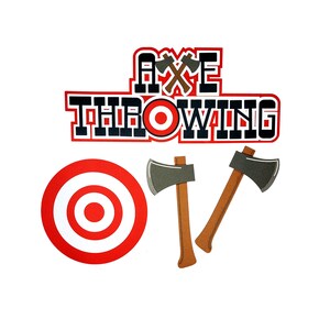 May include: Red and black axe throwing target with two grey and brown axes. The target has a red bullseye and the text "AXE THROWING" in black.