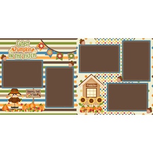 May include: A digital scrapbook page with a fall theme. The page has a brown background with a striped pattern and a pumpkin patch scene. The page has four photo frames, one with the text "Cutest Pumpkin in the Patch", one with the text "Happy Fall Y'all", and two blank frames. The page also has a small house with the text "Pumpkin Shed".