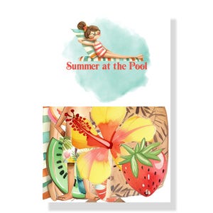 May include: A watercolor illustration featuring a woman relaxing on a striped beach chair with the text "Summer at the Pool". The image also includes a large yellow hibiscus flower, a red strawberry, and figures with a watermelon.