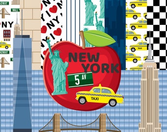 May include: A red apple with a green leaf, the words "NEW YORK" and a yellow taxi cab. The apple is on a blue background with a bridge and a tall building. The text "5 AV" is on a green sign.