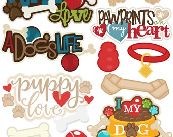 May include: A set of colorful dog-themed digital clipart images. The images include a bone, a dog bowl, a paw print, a heart, a ball, a collar, a rope toy, and text that says "Puppy Love", "A Dog's Life", "Pawprints on my heart", and "I My Dog".