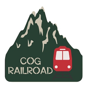 May include: A green mountain with a red train in front of it. The text "COG RAILROAD" is written in white on the mountain.