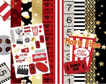 May include: A scrapbook kit with a movie theme. The kit includes 10 double-sided scrapbook papers, 1 package of coordinating ephemera laser cut scrapbook embellishments, and a variety of stickers. The stickers feature movie-themed images such as popcorn, film reels, and movie tickets. The kit is perfect for creating scrapbook pages, cards, and other crafts.
